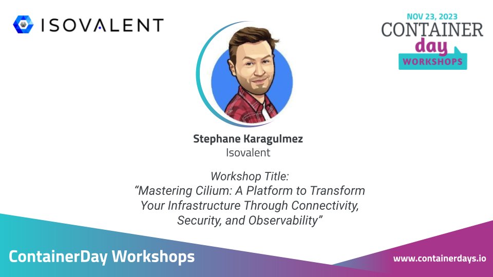 ConDaysEU's tweet image. Join us for &apos;Mastering Cilium: Transform Your Infrastructure with Connectivity, Security, and Observability&apos; by @isovalent featuring @skaragulm. This immersive workshop is your key to unlocking Cilium&apos;s full potential.

Tickets👉: bit.ly/45syDU6

#ContainerDayWorkshops