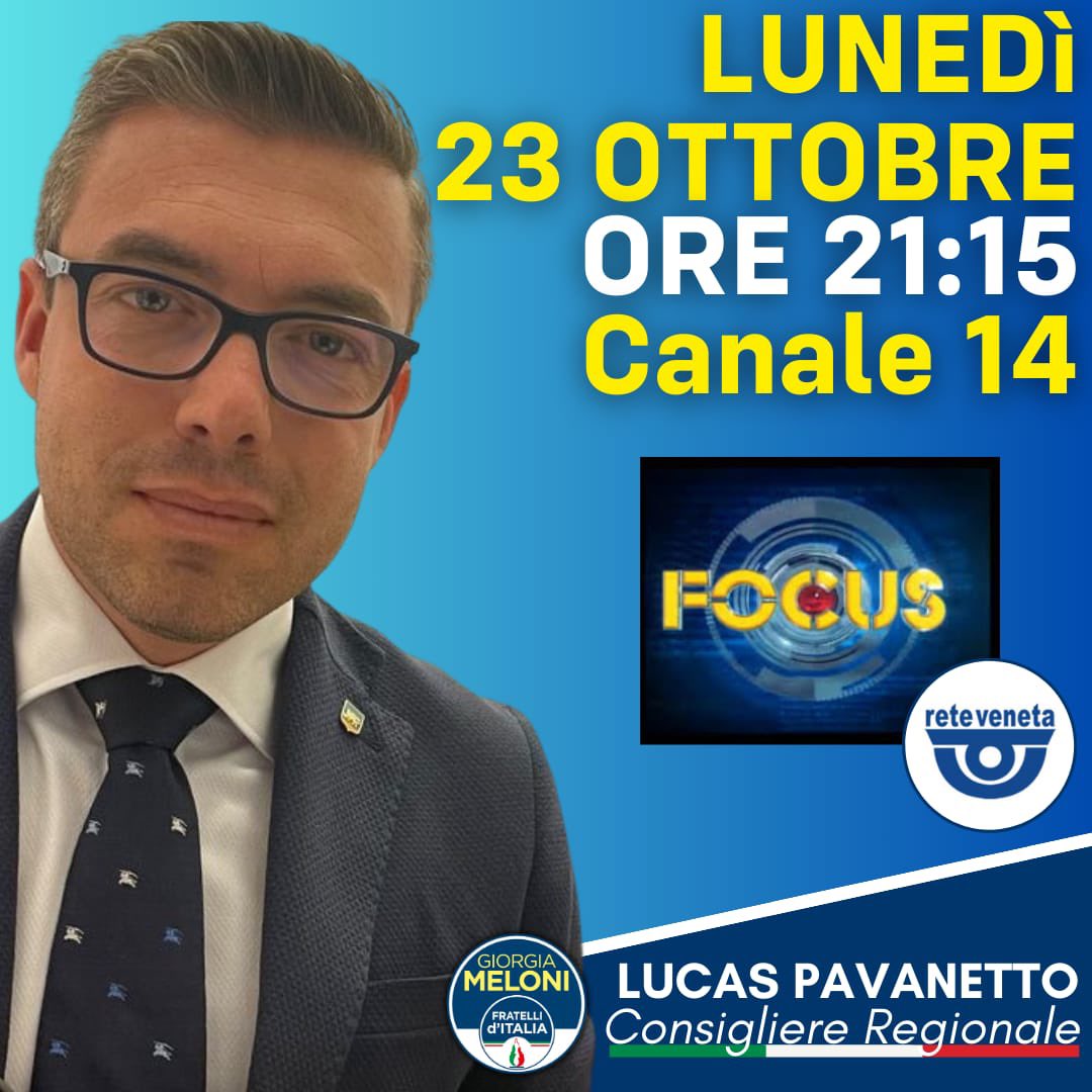 LucasPavanetto's tweet photo. Buon inizio settimana ☀️

Per chi avesse piacere ci vediamo questa sera a Focus - @ReteVeneta canale 14 -  ospite del Direttore Luigi Bacialli

Lucas PAVANETTO
Consigliere Regionale del Veneto
🟩⬜️🟥 https://t.co/HZQMXL6Qvm