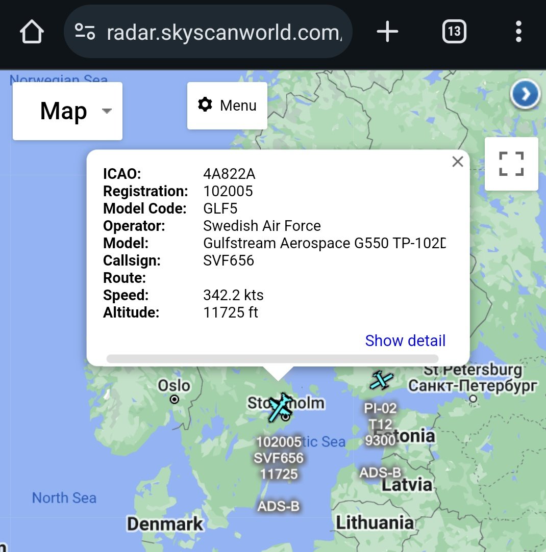 scan_sky's tweet photo. Swedish Air Force 🇸🇪 - Gulfstream G550 TP-102D - 102005 - #SVF656
Hungarian Air Force 🇭🇺 - Falcon 7X - 607 - #HUAF669
Italian Air Force 🇮🇹 - Falcon 900EX EASy - #MM62245 - #IAM3170 https://t.co/7rYOJp3MDu
