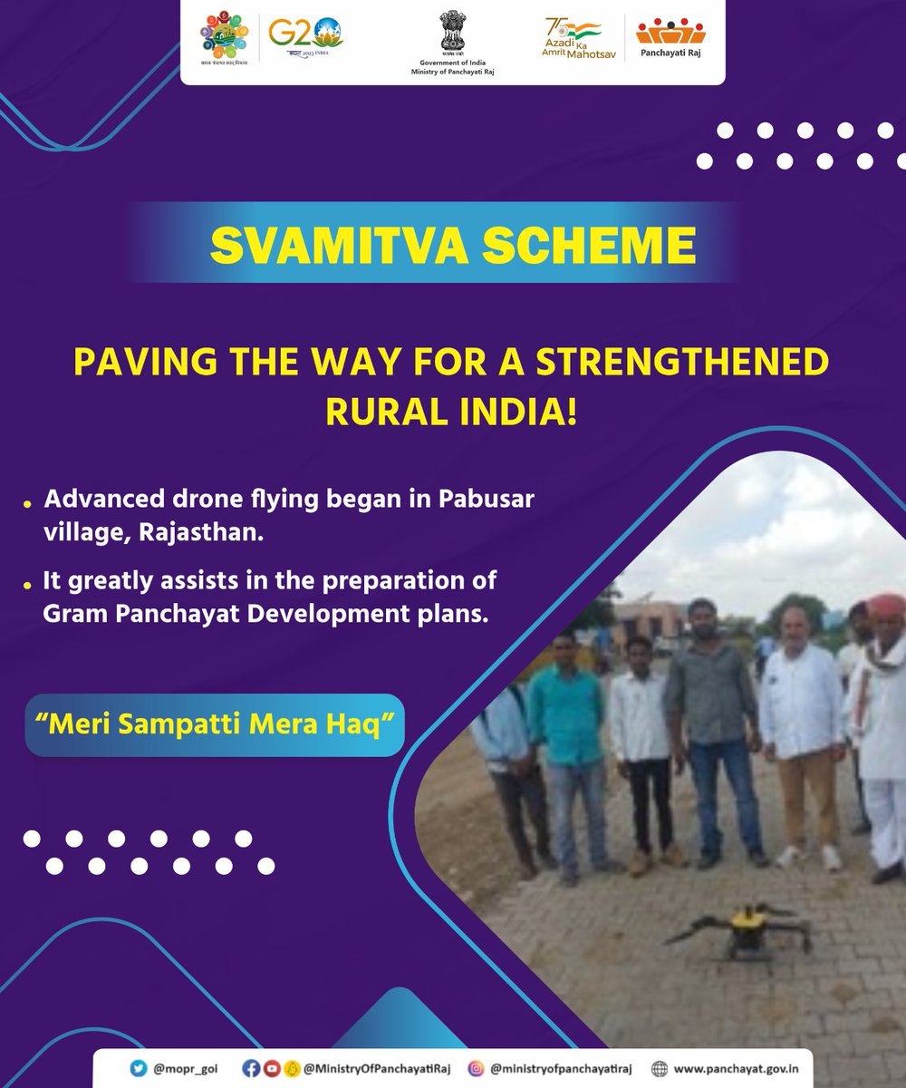 mopr_goi's tweet photo. Under the #SVAMITVA_Scheme, an effective #DroneFlying has started in the #Pabusar village, #Nagaur district, #Rajasthan, where the #GIS maps prepared under this scheme for the inhabited Abadi areas of #RuralIndia, assist in the preparation of the #GPDPs.
#MeriSampattiMeraHaq https://t.co/ft4vfZOVdu