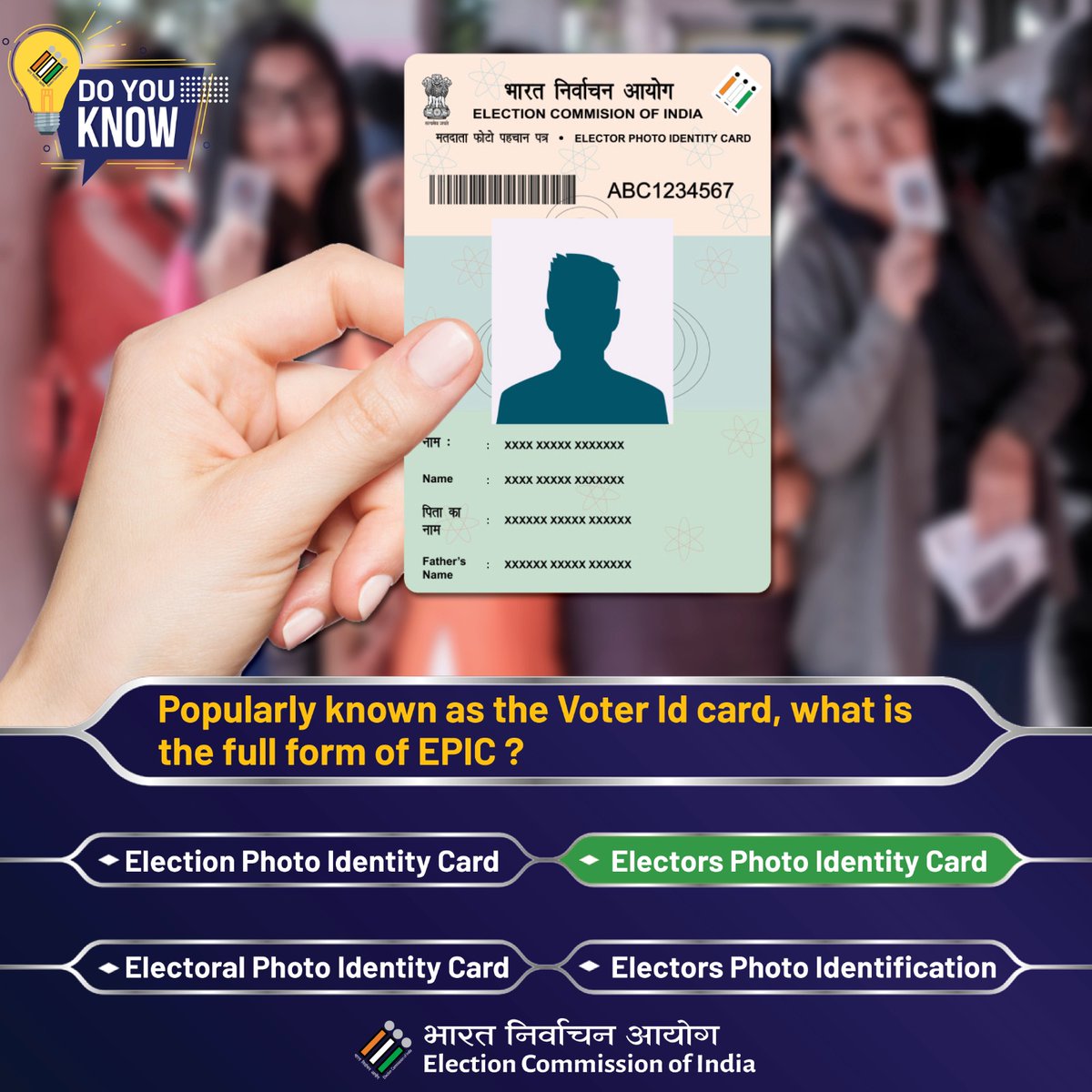 The correct answer is 'Electors Photo Identity Card'

#ECI #quiz #cricket #DoyouKnow