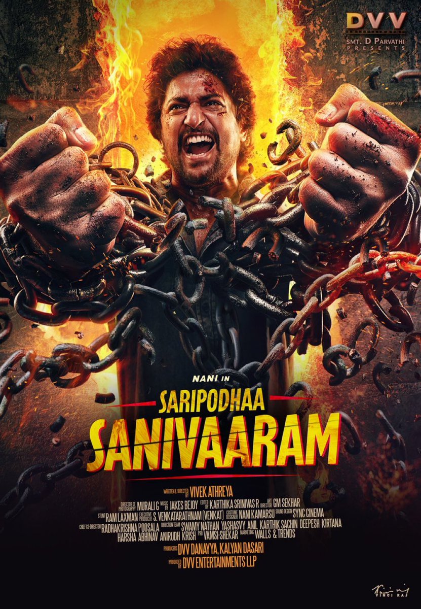 SREENU_24's tweet photo. Natural 🌟 @NameIsNani, UNCHAINED and ready to conquer! 
Here’s the INTENSIFIED First Look & Title Glimpse of #SaripodhaaSanivaaram ❤️‍🔥
https://t.co/InLEEzHgl2

Get ready to witness an UNCHAINED storm of action and entertainment 🔥

@iam_SJSuryah #VivekAthreya @priyankaamohan @JxBe @muraligdop @karthikaSriniva @DVVMovies #Nani31