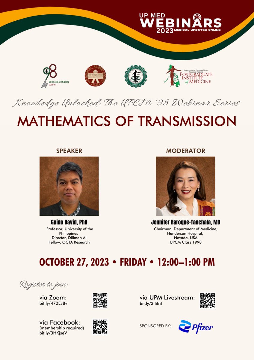 UPCM98's tweet photo. Join us on COVID TRANSMISSION on Oct 27, Fri, 12nn.. brought to you by the 2023 Silver Jubilarians, UP College of Medicine Class of 1998!

• Zoom – https://t.co/da4y8oj89q
• Facebook – https://t.co/cWCFvxAOpI
• UPM Livestream – https://t.co/jm6qmPOnFl

@UPManilaOnline #UPCM98 https://t.co/nDZff5vjub