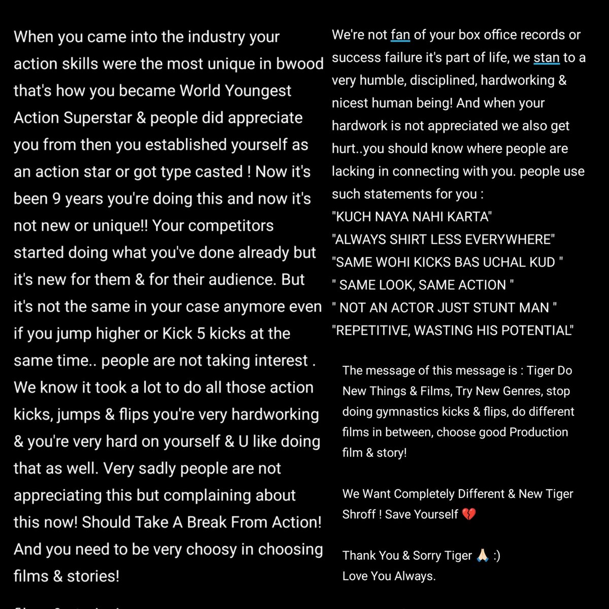 Action Khtam ! @iTIGERSHROFF you need to Switch ASAP! We Demand Completely New & Different Tiger Shroff Now ! It's very hurtful 4 you & 4 us. You don't deserve that hate or result! if you have some time please Read out this, understand And work on it ! We Beg You 🙏🏻🥹