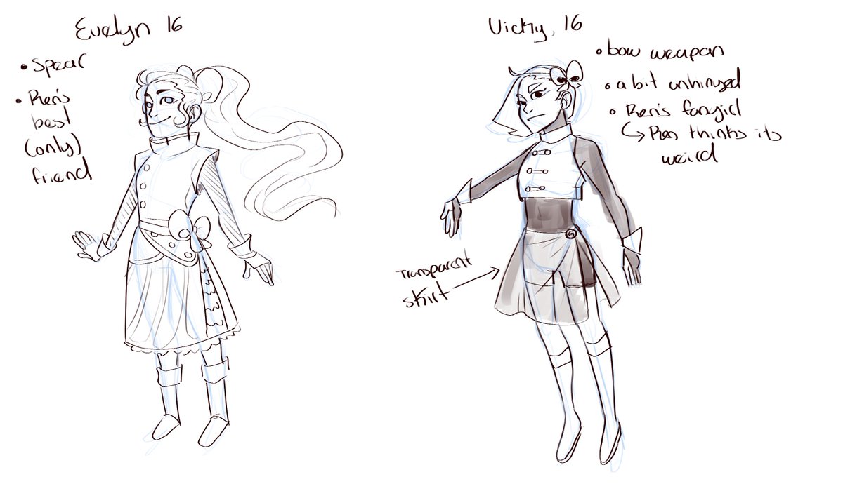im just calling this magical girl month because its the only thing i've drawn all month LMAO anyways 2 more magical girls from that one story im telling u via fragments. no color palette yet, maybe later, i just like designing these girls