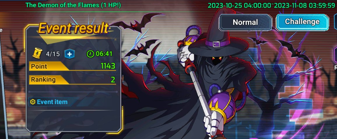 The "1 HP" Challenge is coming to "The Demon of the Flames" Halloween Event!
Just as the name suggests, you only have 1 HP, so don't get hit!
Only one completion is needed to get all the rewards.
So, get your fingers ready because it's going to be wild!