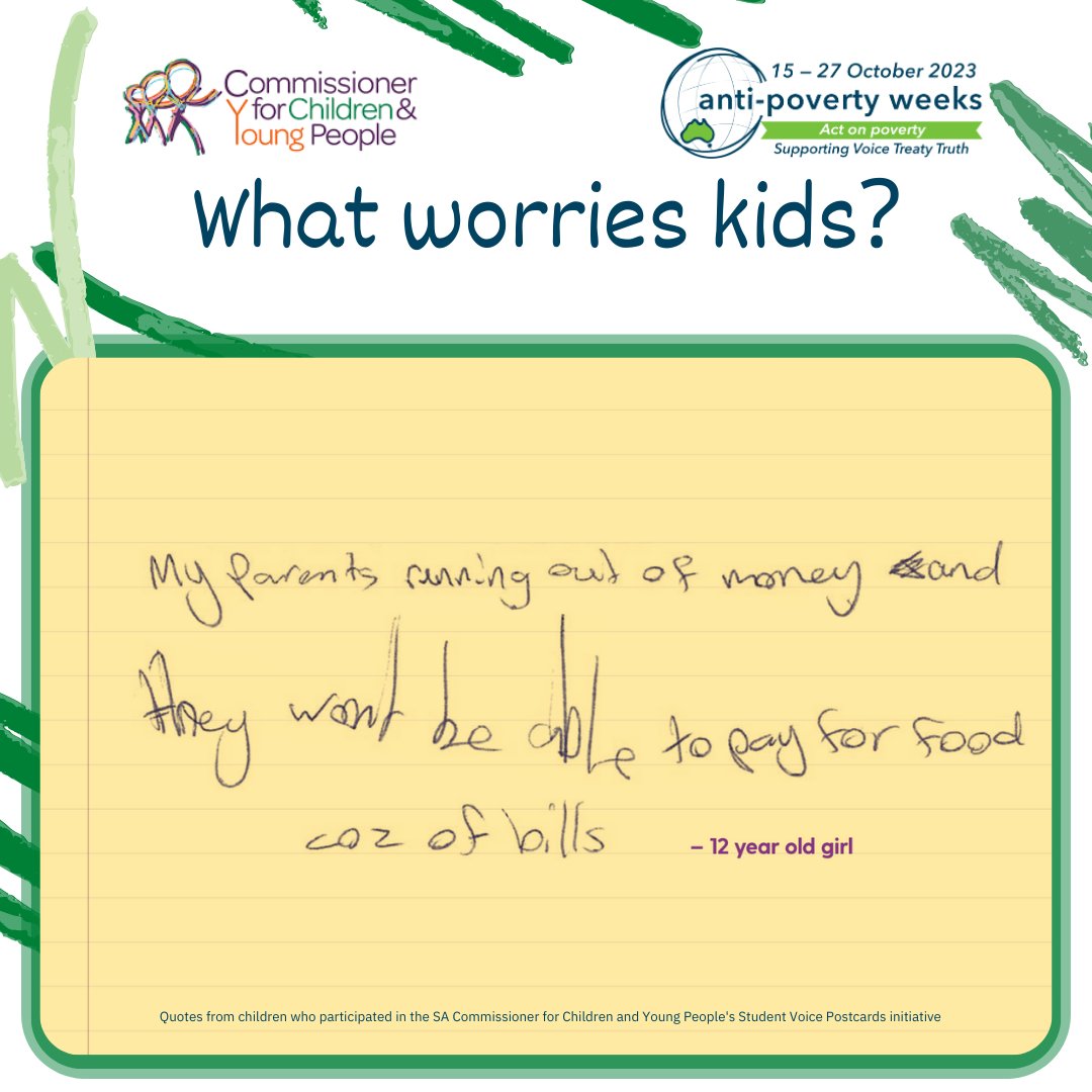 AntiPovertyWeek's tweet photo. Children have told SA Children & Young People Commissioner they worry about their parents running out of money to pay for food - backed up by @FoodbankAus 2023 #HungerReport #APW23 https://t.co/O7CykLtn4q #EndChildPoverty https://t.co/RSeeMaeOqu