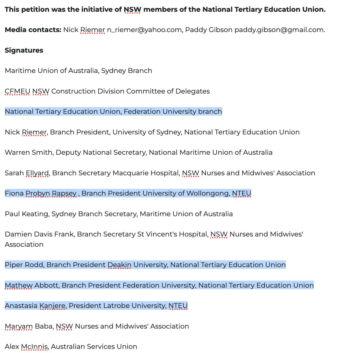 The rank-and-file unionists' petition for Palestine is getting close to 2000 signatures from across the Australian labour movement. Especially glad to see the hundreds and hundreds of <a href="/NTEUnion/">NTEU</a> members who've signed. Add your name if you haven't already: forms.gle/RfLrTaAhCtZaP8…