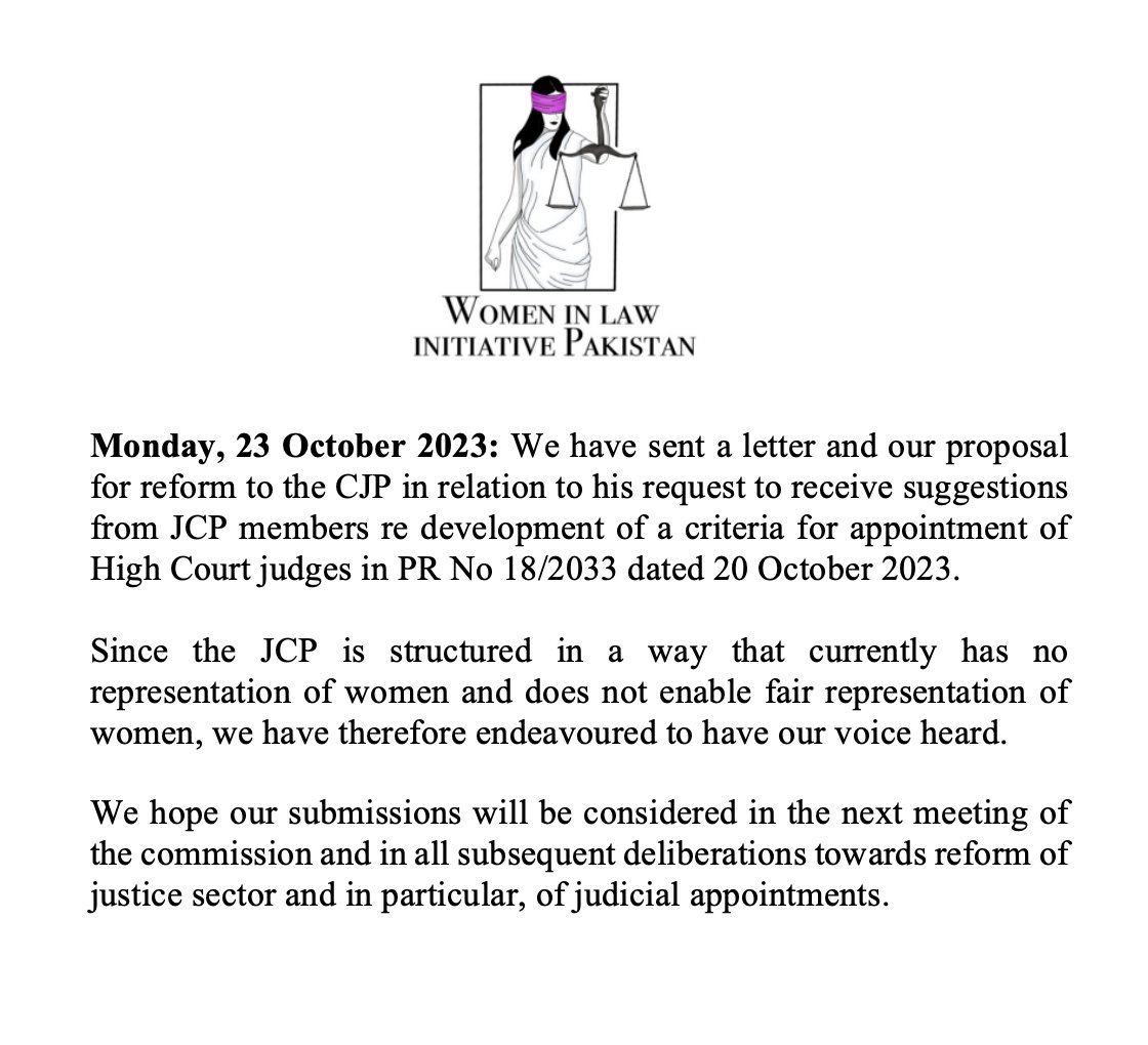 WomenInLawPk's tweet photo. Our #statement re our letter to Hon'ble CJP Qazi Faez Isa and proposals for reform below:
#FairRepresentationMatters
#WomenInLaw
#EngageWithUs
#ReformsNow https://t.co/nxkUDnDxnq