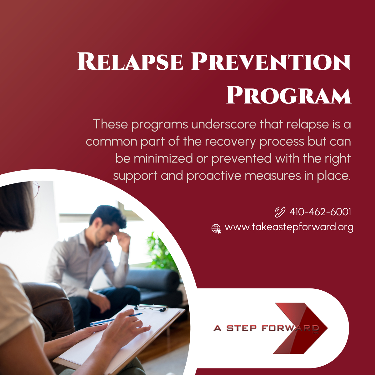 astepforwardi's tweet image. A relapse prevention program is an essential component of addiction treatment that focuses on equipping individuals with the skills and strategies necessary to maintain their sobriety and avoid a relapse.

#CharityOrganization #BaltimoreMD #RelapsePreventionProgram
