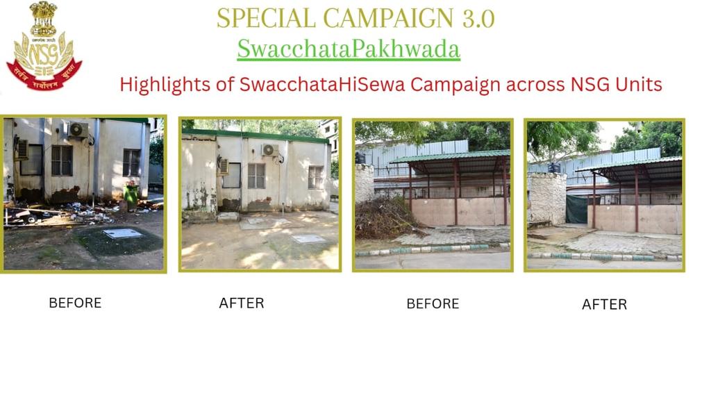 'Clean space fosters a clear mind and productive work environment.' Highlights of cleanliness drive conducted under the aegis of #SpecialCampaign3 across units in NSG. #SwachhataHiSeva #SwachhBharat