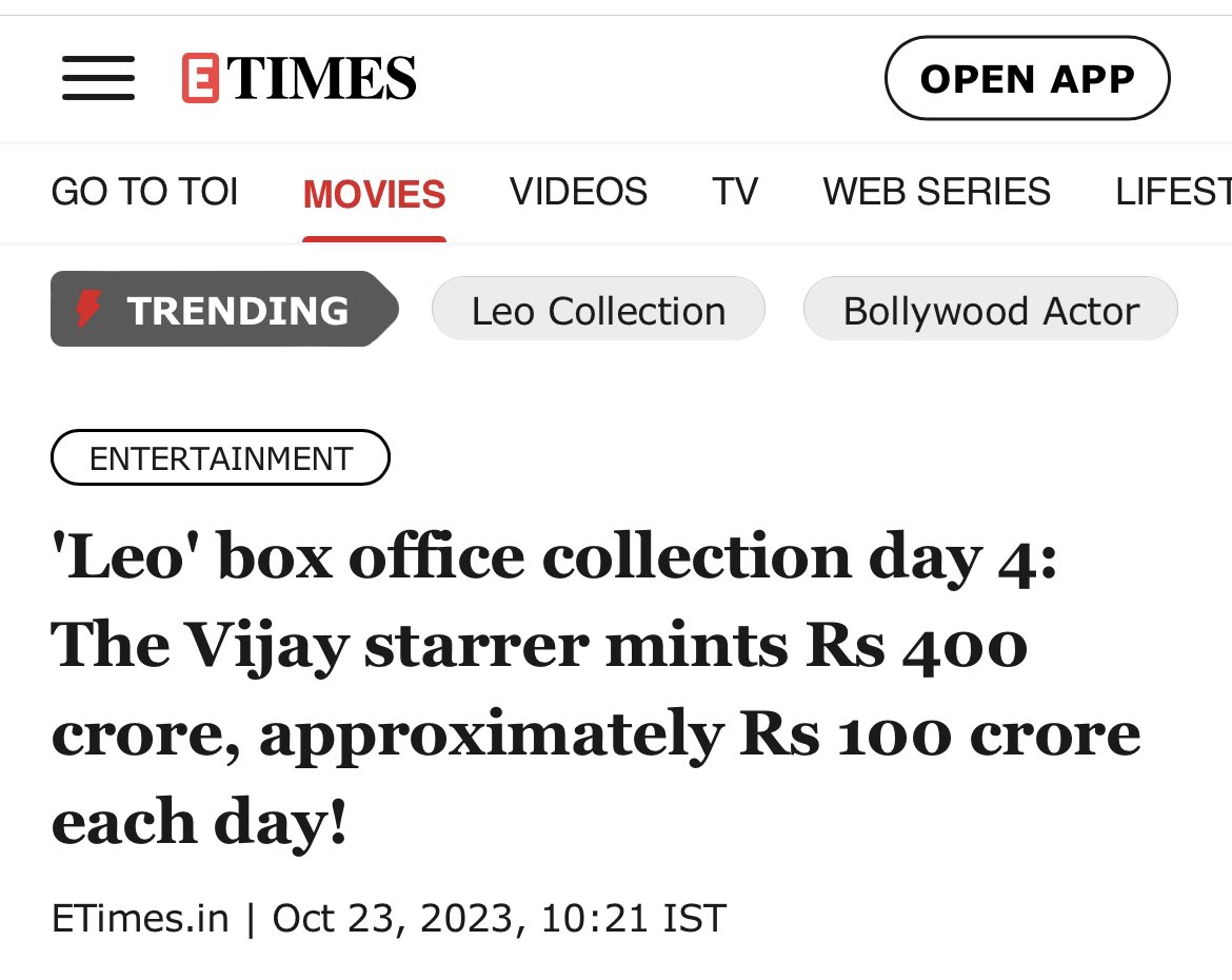 #Leo 400Cr in just 4 Days OMG!!

Avg: 100Cr each day. It’s just fireee 🔥🔥🔥🔥🔥🔥🔥🔥🔥

Note: This tweet is not for haters so please see at your own risk ⚠️ 

#LeoBlockbuster #LeoBookingsUpdate #Leo2 #LeoReview