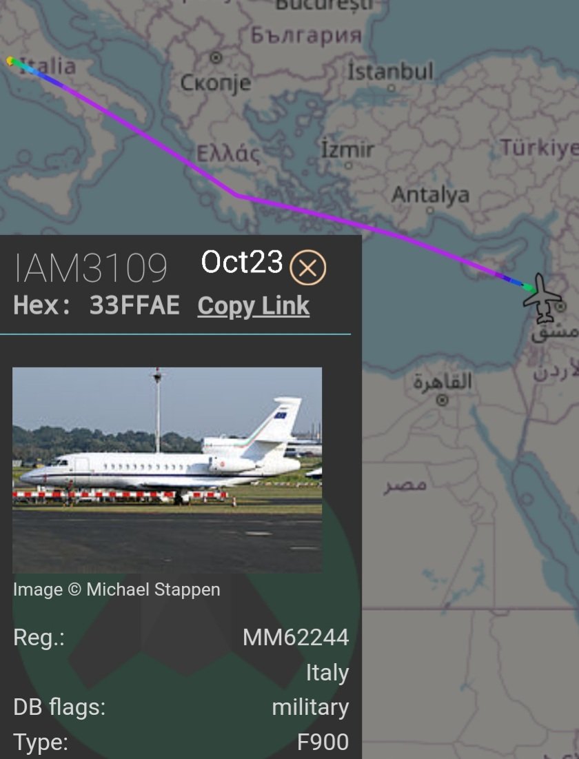 LebanonJets's tweet photo. Military: #Italy Air Force #MM62244 hex #33FFAE #AeronauticaMilitare arrived at 7am morning from #Rome (CIA) & expected to spend around 8 hours in #Beirut then head back https://t.co/6ZFyfirucR