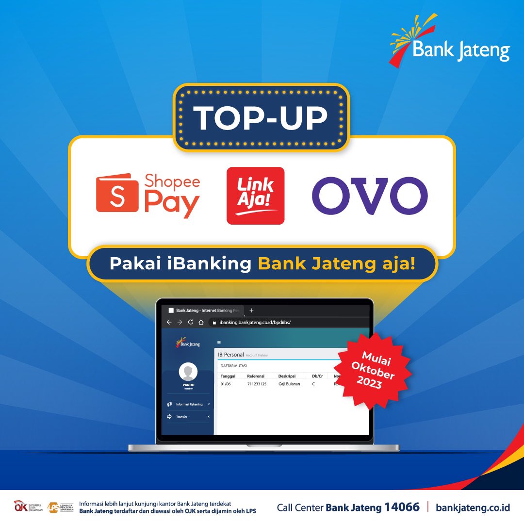Top Up semakin mudah dengan lengkapnya fitur Internet Banking @bankjateng 

Yuk cobain top up Shopee Pay, Link Aja, dan OVO lewat iBanking Bank Jateng mulai Oktober 2023

#BankJateng #SemakinBaik #TabunganBima #TopUp #DigitalPayment
