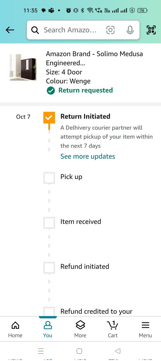 Prajwalbidi's tweet photo. @amazonIN Hi, return of my 4 door wardrobe was scheduled but it has not been picked up since 3 weeks. Driver used to call me in evening and say they will pickup tomorrow but never turned up. They have falsely updated status saying house locked. Please help https://t.co/exB3WnTreJ