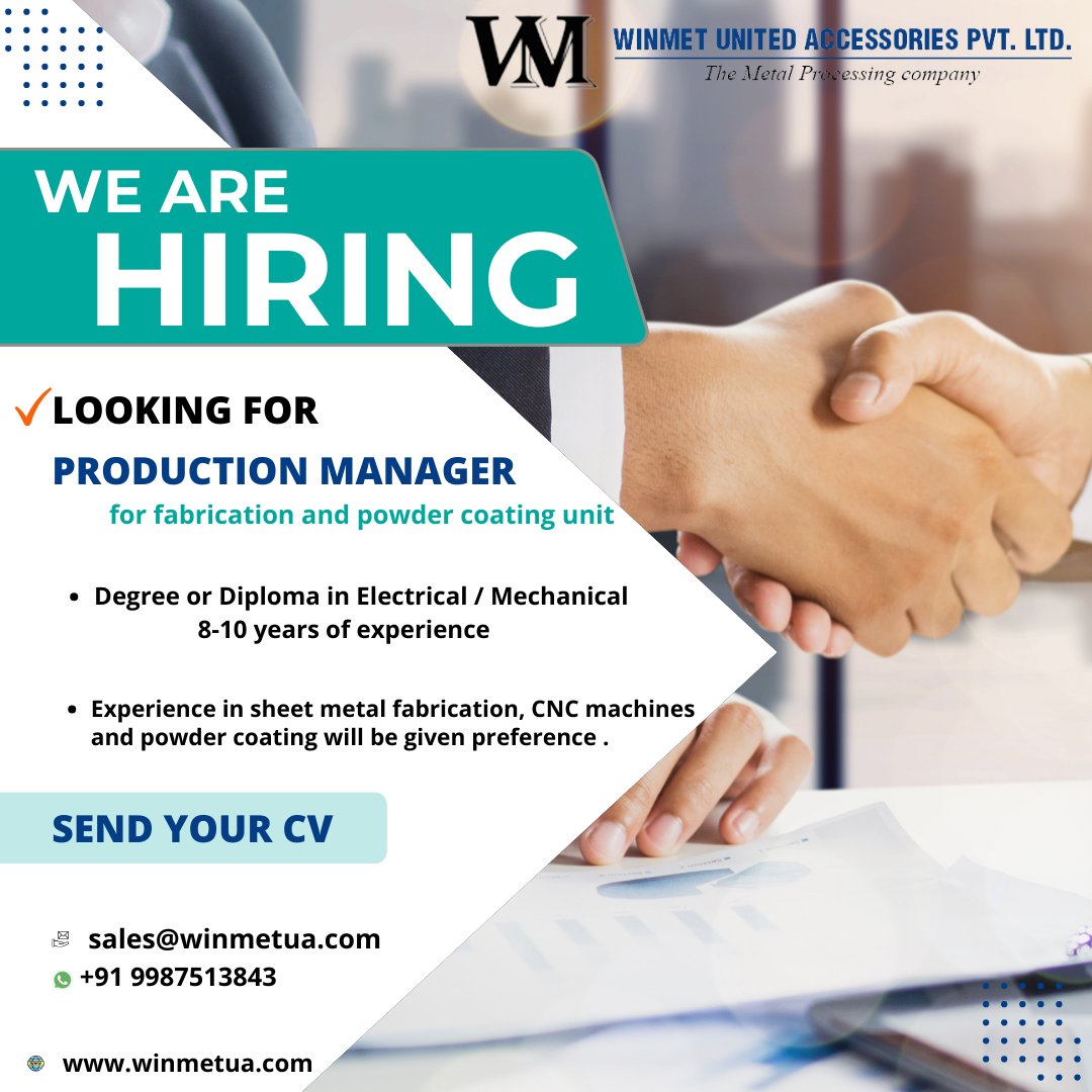 WinmetU's tweet photo. We are hiring- Production Manager
Work Location- Taloja

Contact Us- https://t.co/kS0ACuEn91
Send your CV - sales@winmetua.com

#newhiring #jobvacancy #hiringnow #jobalert #metalwork #sheetmetal #industries #cv #powdercoated #jobwork #lookingforjob #jobserach #fabrication https://t.co/Wt0v1QKiwn