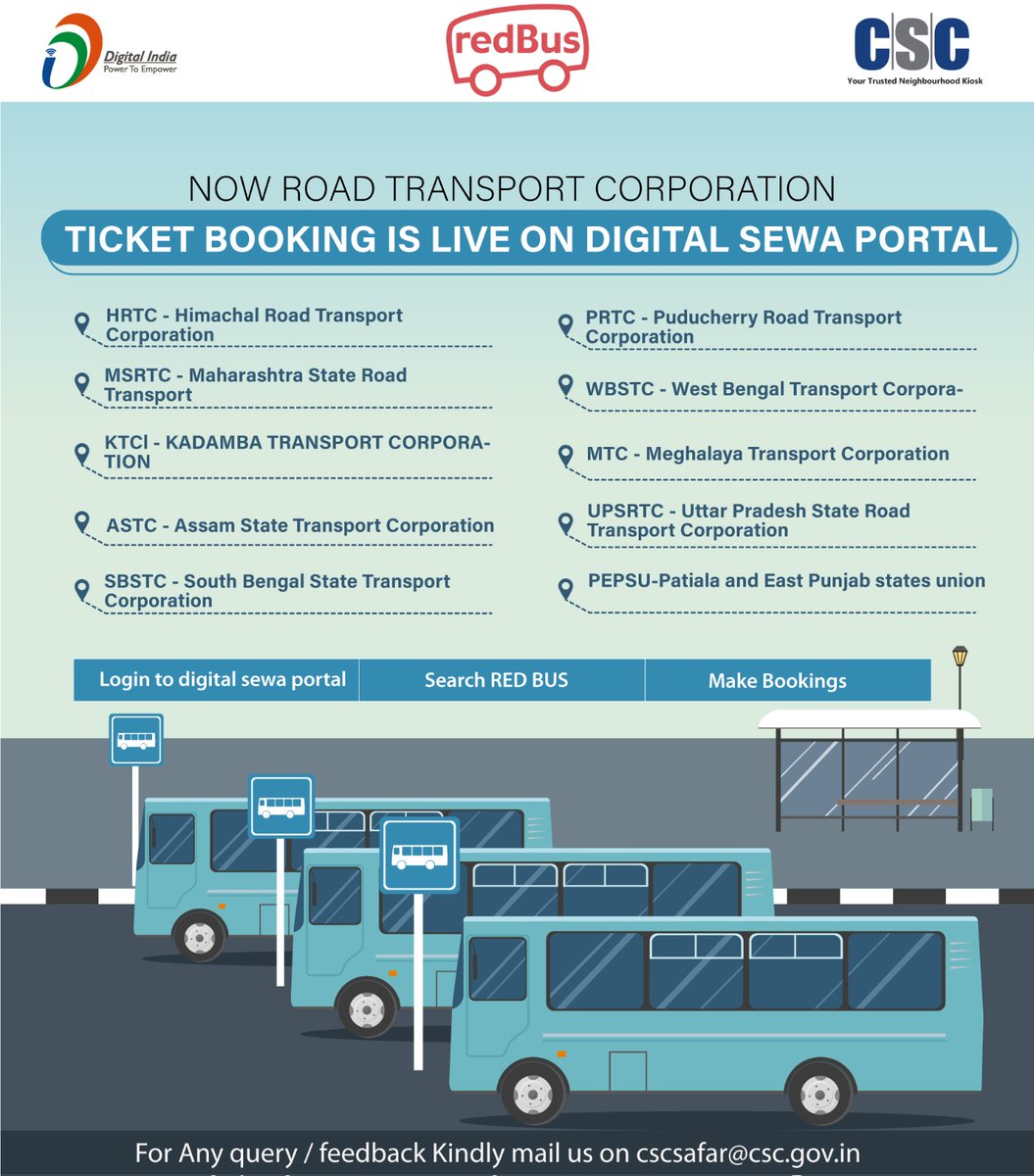 Exciting announcement!

Now road transport corporation ticket booking is LIVE on the digital Sewa portal.

#cscsafar #csc #digitalindia #redbus #busservices #cscbusbooking
