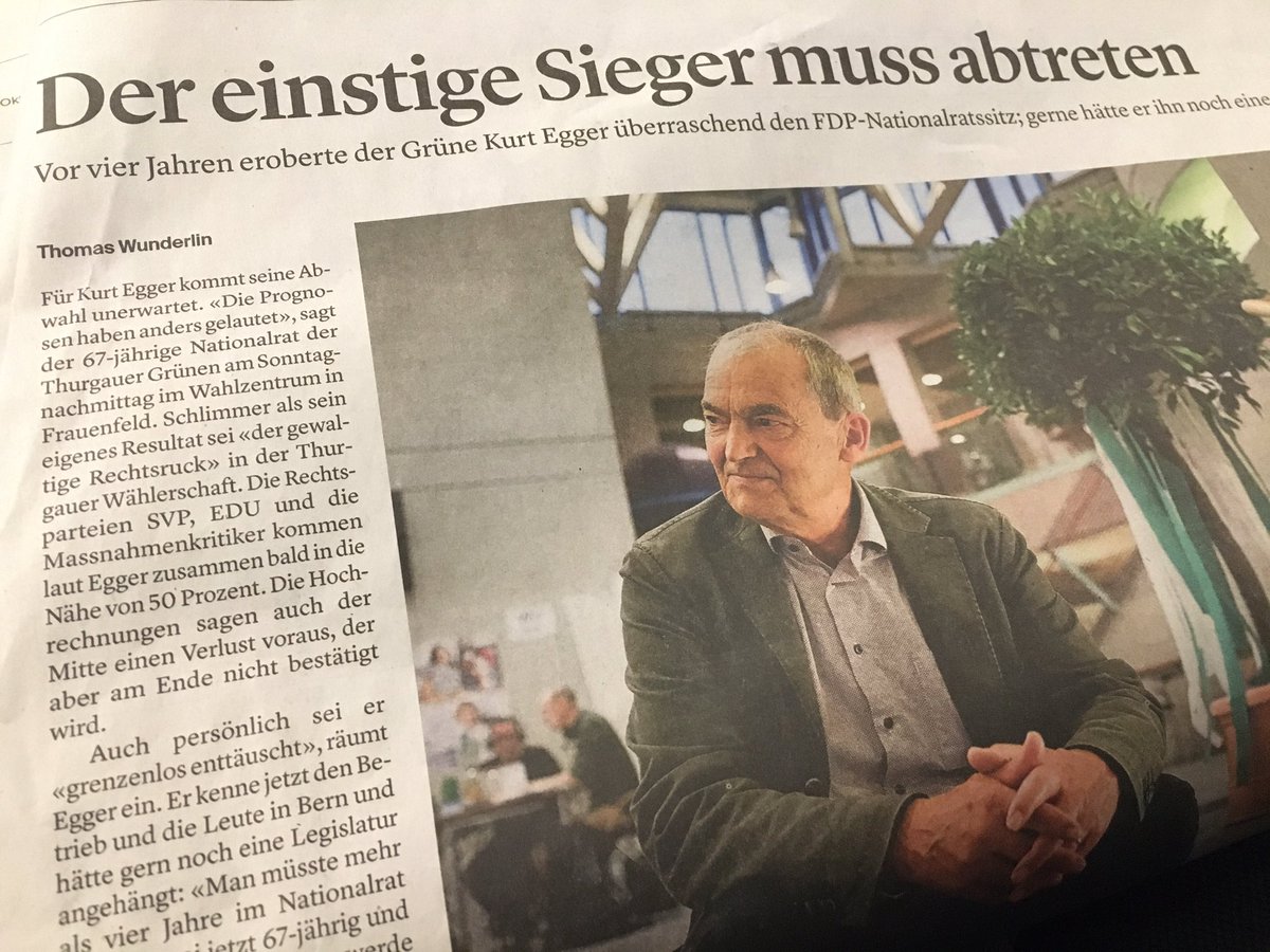 Mit <a href="/kurtegger2/">Kurt Egger</a> verliert der Thurgau eine kluge und überzeugende Stimme in Bern, obwohl sich die <a href="/GrueneThurgau/">GRÜNE Thurgau</a> im schweizweiten Vergleich gut geschlagen haben. Grosser Dank allen, die uns unterstützt haben, auch allen, mich auf dem klaren zweiten Platz nach Kurt bestätigt haben!