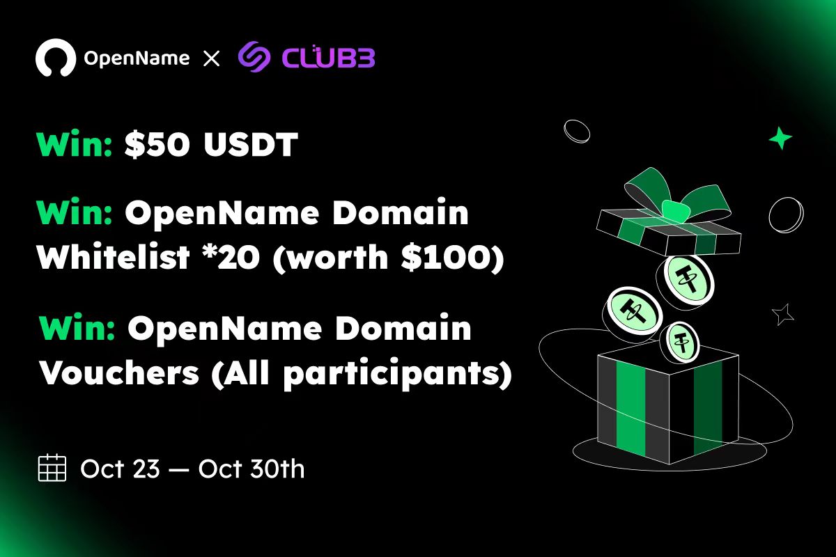 OpenNameProject's tweet photo. 🥳To celebrate the partnership with @club3xyz, we are giving:

1⃣50 $USDT
2⃣20 OpenName Domain WLs
3⃣OpenName Domain Vouchers (For ALL PARTICIPANTS!)

To enter:
👉Finish the quests: https://t.co/wrwm4i39E5

📅Ends on Oct. 30th
