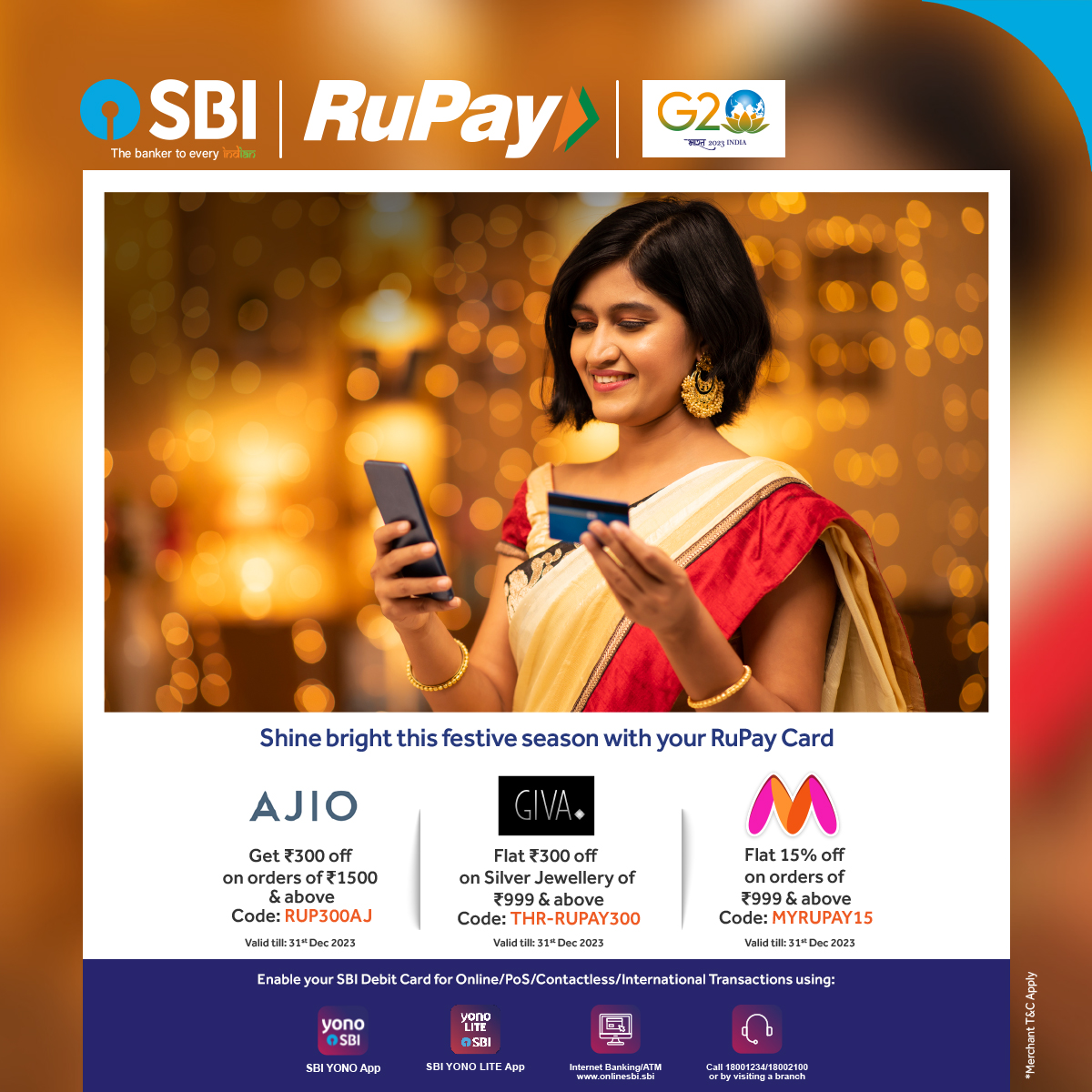 Welcome the festive season with exciting offers for your RuPay Debit Card.

Visit: bank.sbi/web/personal-b…

#SBI #DebitCard #SBIDebitCard #RuPay #FestiveOffers