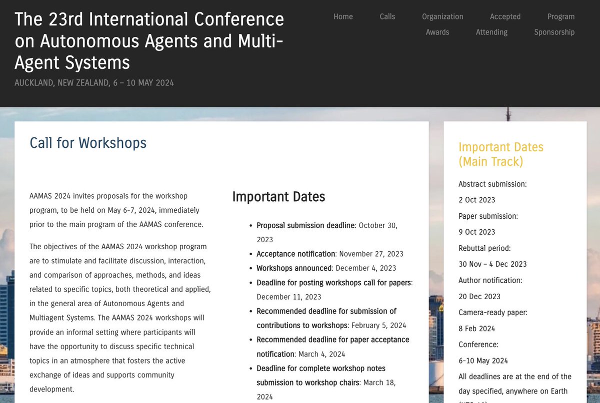 📢 Last Call for Workshops (proposal submission deadline: Oct 30, 2023)

#AAMAS2024 is a great opportunity to build discussions with people sharing interests in agents and multiagent systems.

For more details: aamas2024-conference.auckland.ac.nz/calls/call-for…