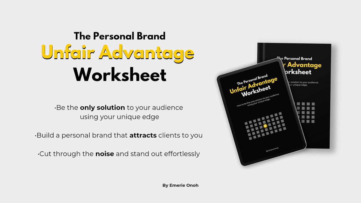 EmerieOnoh's tweet photo. Your brand is invisible.

Because you sound like everyone else.

Wanna sign whale clients?

Be the only solution to them with your unfair advantage.

This worksheet will help you do that.

-Like
-RT
- COMMENT "wow" 

And I'll send it.

(Follow so I can DM) https://t.co/I17Bxgl9wW