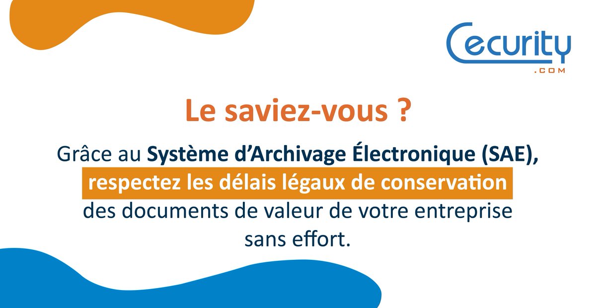 ❓ [#LeSaviezVous] ❓Avec les #SAE Cecurity.com, vous avez l'assurance que vos documents seront conservés de manière à garantir leur intégrité, pérennité et traçabilité pendant toute leur durée de conservation légale.

Pour en savoir plus : buff.ly/3q6UTRi