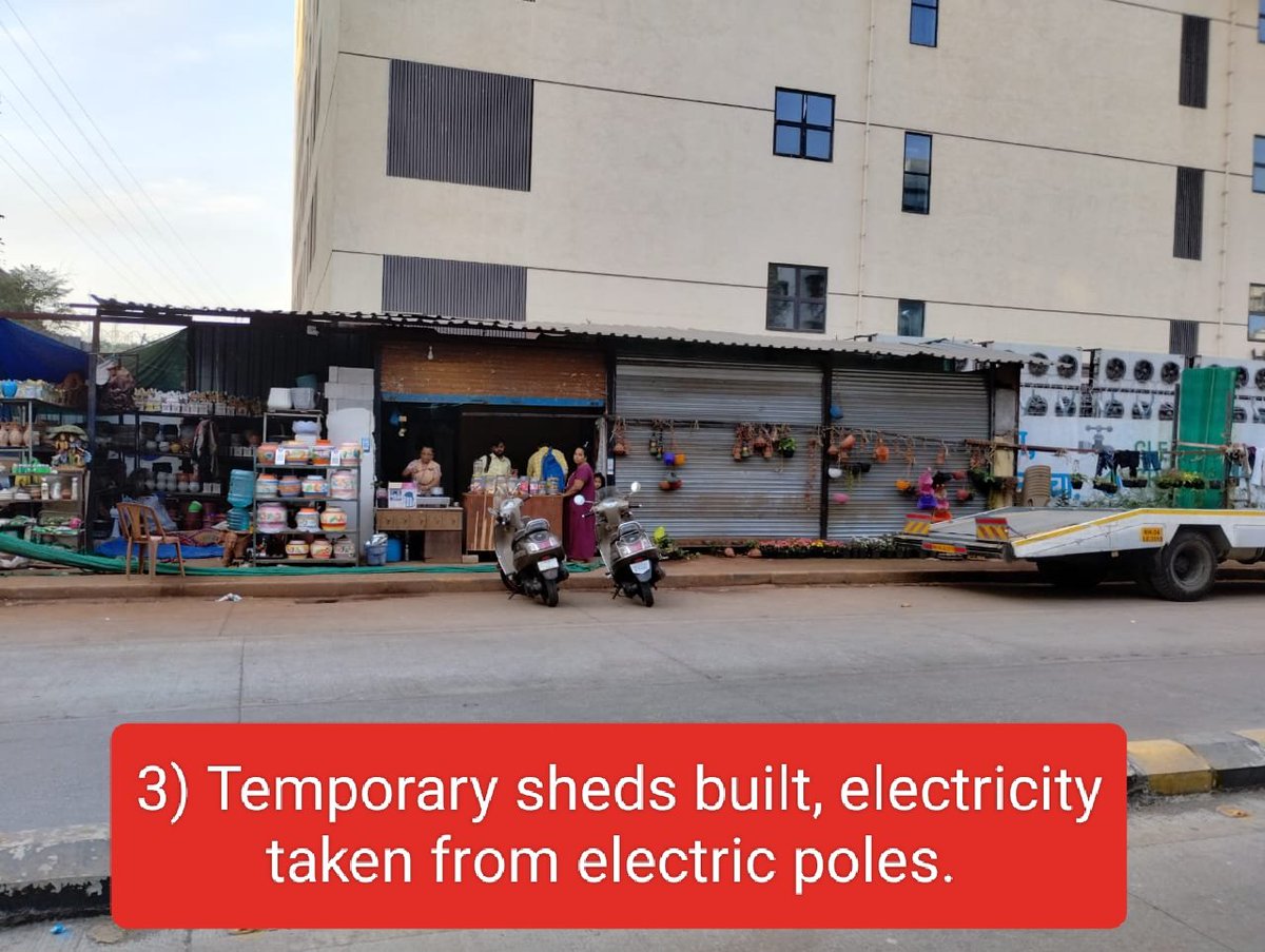ChandivaliCCWA's tweet photo. CCWA has been complaining through multiple tweets to @mybmcwardL from time to time and drawing their attention to illegal stalls being made on Adityavardhan Raheja Vihar Road.

Encroachment started by building a small nursery, then temporary sheds, stealing light from the electric pole.

In spite of our bringing the encroachments to their attention multiple times, BMC chose to remain a spectator.

Today, they have built five shops (concrete permanent structures) without any permission from BMC.

Businesses like Tandoori Momos, Chinese Corner, Vada Pav Shop (without Fire Noc and BMC Public Health Department permission), and air conditioning businesses

We met Asst. BMC Commissioner (L ward), who says BMC has not given any permission to build any structure on that road. He said they would serve notice to them. Why couldn't BMC demolish the structure when it was built? We have been continuously informing them about the illegal act. Now this may lead to unnecessary delay due to legal litigation if the encroachers move court.

This place is now a hotspot for hooligans who are a safety threat for ladies and kids of nearby societies 

After encroachment of these lands, the encroachers then moved to grab another piece of land and tried to build another three shops near the societies (which were stopped by CCWA and society members).
#माझाफूटपाथमाझाहक्क
#pedestrianfirstpolicy #maazafootpathmaazahaq
@IqbalSinghChah2 @CMOMaharashtra @Dev_Fadnavis @AjitPawarSpeaks @fpjindia @TOIMumbai @HTMumbai @mid_day @LokmatMumbai @mataonline 
@mashrujeet @PrajaktaKasale @sanjeevdevasia @mybmc @MyBMCFire @mybmchealth @poonam_mahajan @PMOIndia @Mi_DilipLande @naseemkhaninc
@CPMumbaiPolice @RedFM_Mumbai @Vicinia_Society