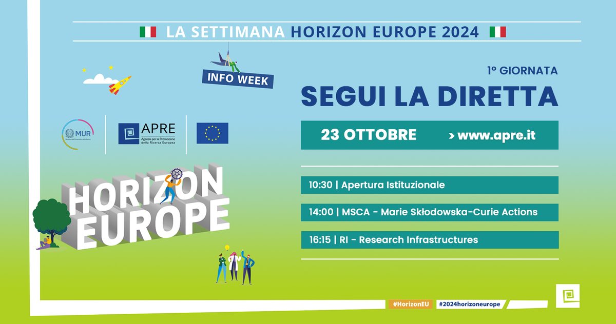 🆒 La Settimana Horizon Europe 2024 - DAY1 🔔
📄 In programma:

🟣 Apertura istituzionale
🟣 Le opportunità 2024 in #MSCA
🟣 Le opportunità 2024 in #RI - Research Infrastructures

<a href="/mur_gov_/">Ministero dell'Università e della Ricerca</a>, <a href="/EU_Commission/">European Commission</a>, <a href="/EUScienceInnov/">EU Science & Innovation 🇪🇺</a>
#streaming 👉 bit.ly/3Q0p7mz