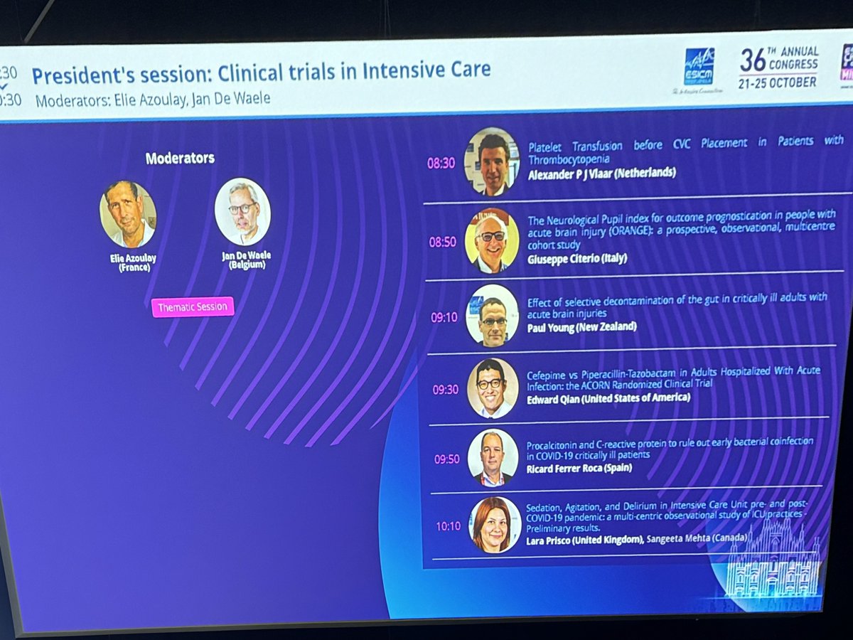 The President's session: Clinical trials in Intensive Care is starting in Gold Room with @ElieAzoulay5, @criticcaredoc, @alexander_vlaar, @Dr_Cit, @DogICUma, @EdQian, @ferrer_ricard, @PriscoLara Join this session for some cutting edge science! #LIVES2023