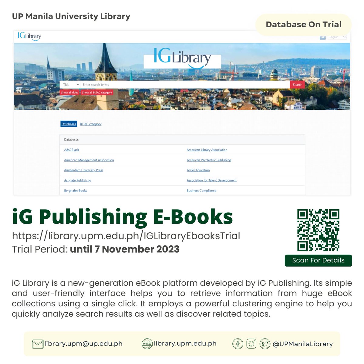 UPManilaLibrary's tweet photo. 📷Database On Trial📷
𝐢𝐆 𝐏𝐮𝐛𝐥𝐢𝐬𝐡𝐢𝐧𝐠 𝐄-𝐁𝐨𝐨𝐤𝐬
https://t.co/OdC0cr9jEE
Trial Period: until 7 November 2023
📷How to Access?
The trial can be accessed via:
1. On-Campus via IP Authentication. 
2. Off-Campus via Login Credentials.
#2023UPMSDG4 https://t.co/F1GKxodXXi