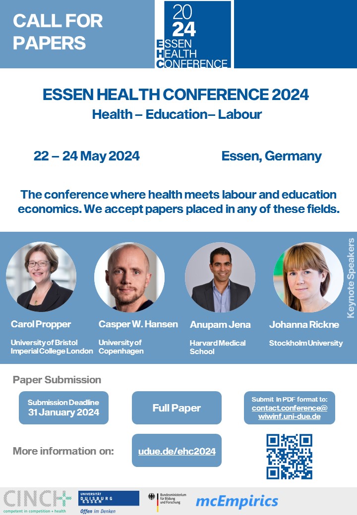 Apply for the Essen Health Conference 2024 now‼️ The #ehc2024 is looking for papers in health economics and related fields (e.g. labour, education). More information in our Call for Papers or our website udue.de/ehc2024. #EconTwitter #HealthEcon