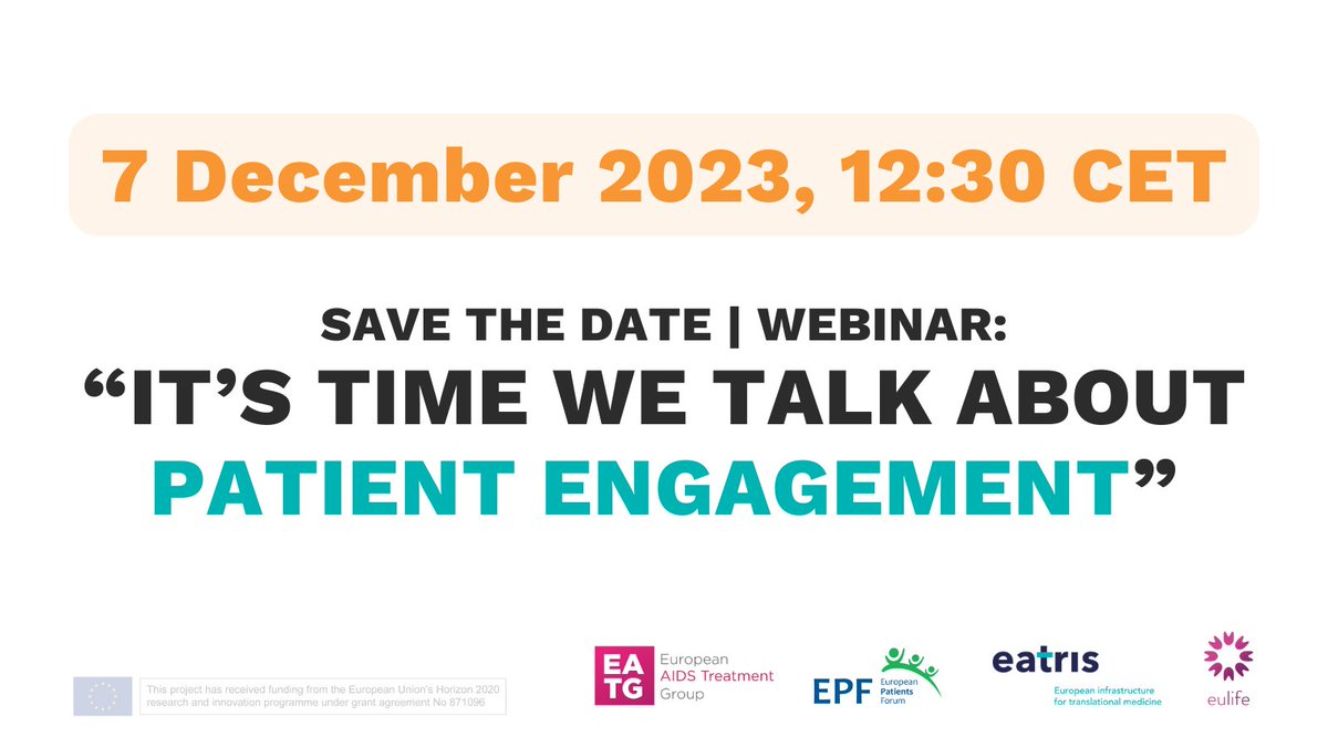 Are you a researcher in biomedical sciences? It's time we talk about #PatientEngagement! Tune in on 7 Dec for a discussion with researchers, patients & funders to learn more about the Patient Engagement Resource Centre, or #PERC. 👉More here: eatris.eu/events/its-tim… #EATRISPlus