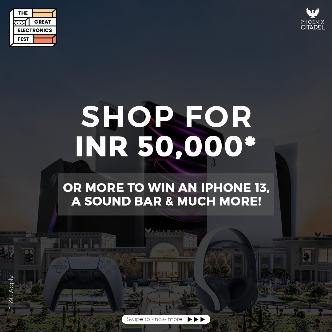 phoenixcitadel's tweet image. This #Dussehra, we bring you great deals on all things tech. Shop for INR 50,000 or more to win an iPhone 13, sound bar and much more! Visit #PhoenixCitadel.

#ElectronicsFest #GadgetFest #GadgetSale #TechSavvy #GadgetLovers #Indore #Tech #Electronics #TheGreatElectronicsFestival