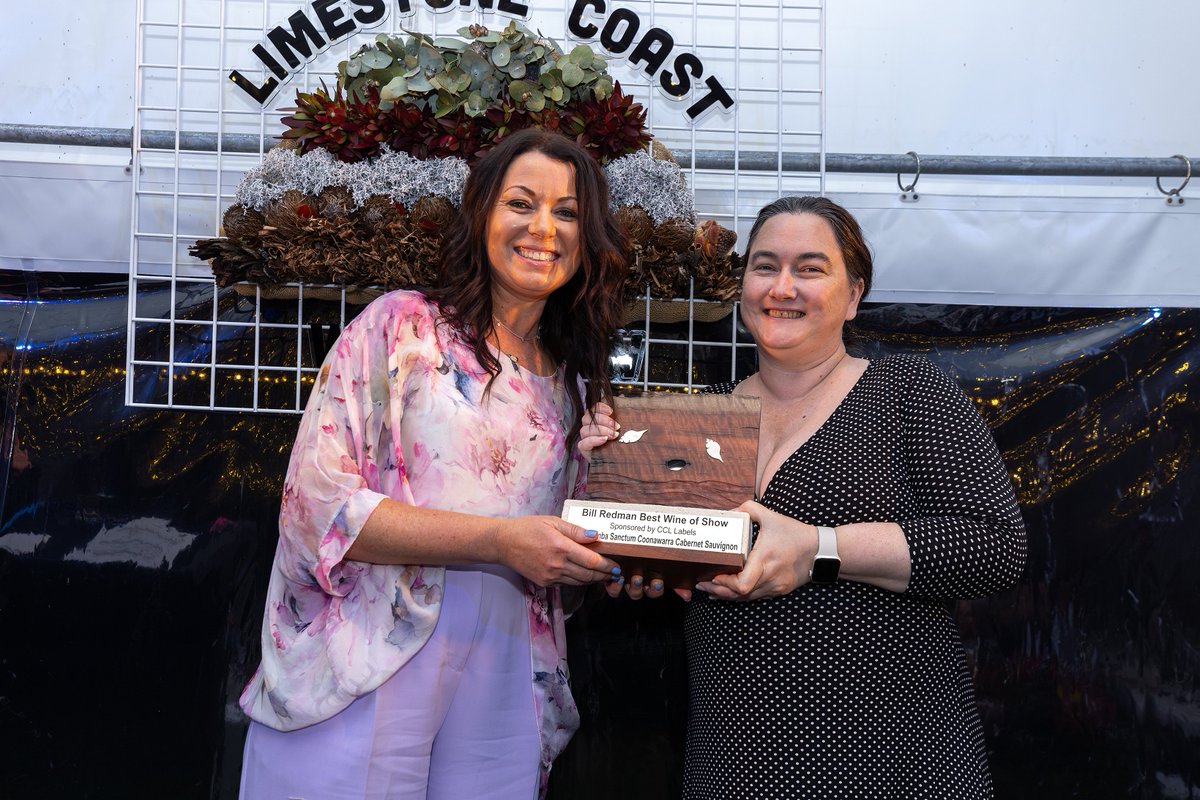 Yalumba Sanctum Cabernet Sauvignon 2021 has taken out the 'Best Wine of Show' at last week's Limestone Coast Wine Show. (Pictured: Senior Winemaker Heather Fraser receiving the Bill Redman Trophy for Wine of Show from major Sponsor Tanya Doecke - CCL Industries)