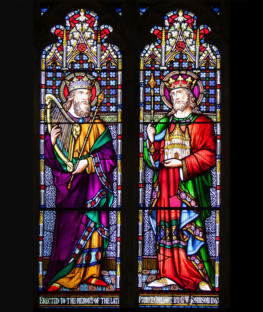 SimoninSuffolk's tweet photo. 2/3 David and his son Solomon in glass by Alexander Gibbs, 1863 in Peterborough Cathedral. David holds his harp, Solomon holds the Temple.
#OctoberOT https://t.co/kNmi8wAtoX