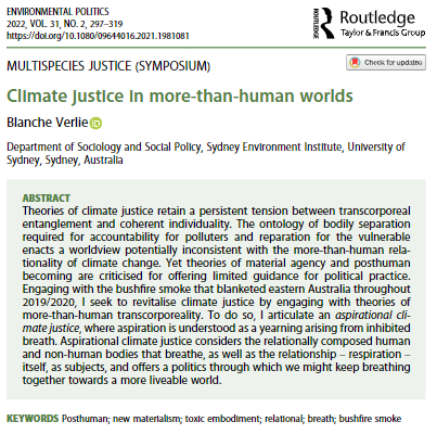Today we are announcing the results of the Environmental Politics Article of the Year Award. Congratulations go to Blanche Verlie for the winning article, 'Climate justice in more-than-human worlds'. @BlancheVerlie tandfonline.com/doi/full/10.10…