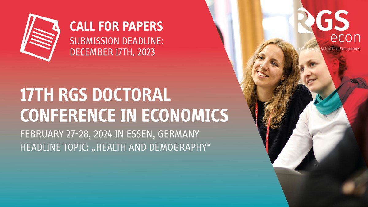 #callforpapers: The 17th RGS Doctoral Conference in Economics will be held on site on February 27-28, 2024 in Essen. The headline topic is “Health &amp; Demography”. Submissions by early-career researchers in all areas of Economics are welcome. Submission deadline: December 17, 2023.
