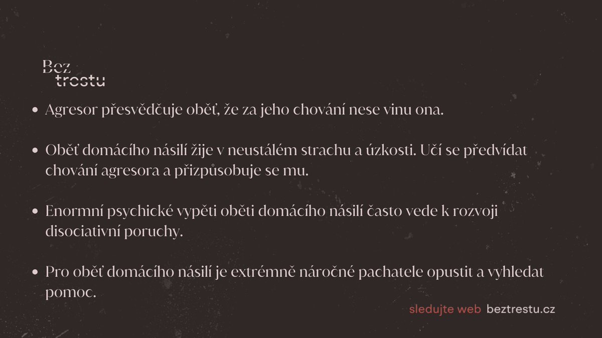 bezmytu's tweet photo. Domácí násilí má svou dynamiku. Policisté, soudkyně, státní zástupci, ale i advokátky či sociální pracovníci mnohdy nerozumí viktimizaci, nechápou, co se děje s oběťmi,... Potřebujeme, aby se vzdělávali. Potřebujeme, aby zmizely mýty, které se týkají obětí. #beztrestu #myty https://t.co/3oAPRsN0z6
