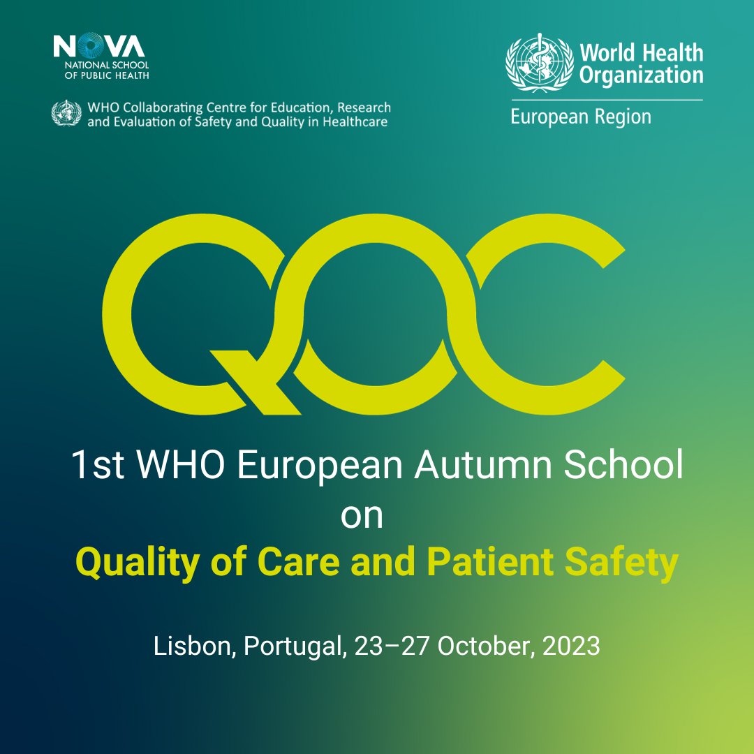 Today, WHO/Europe launches its 1st European Autumn School on Quality of Care and Patient Safety in Lisbon 🇵🇹 Co-organized w/ @ENSP_UNL, it aims to advance scientific knowledge & proficiency in #QoC & patient safety in the Region. Learn more: bit.ly/QoCAutumn2023 #QoCPSchool