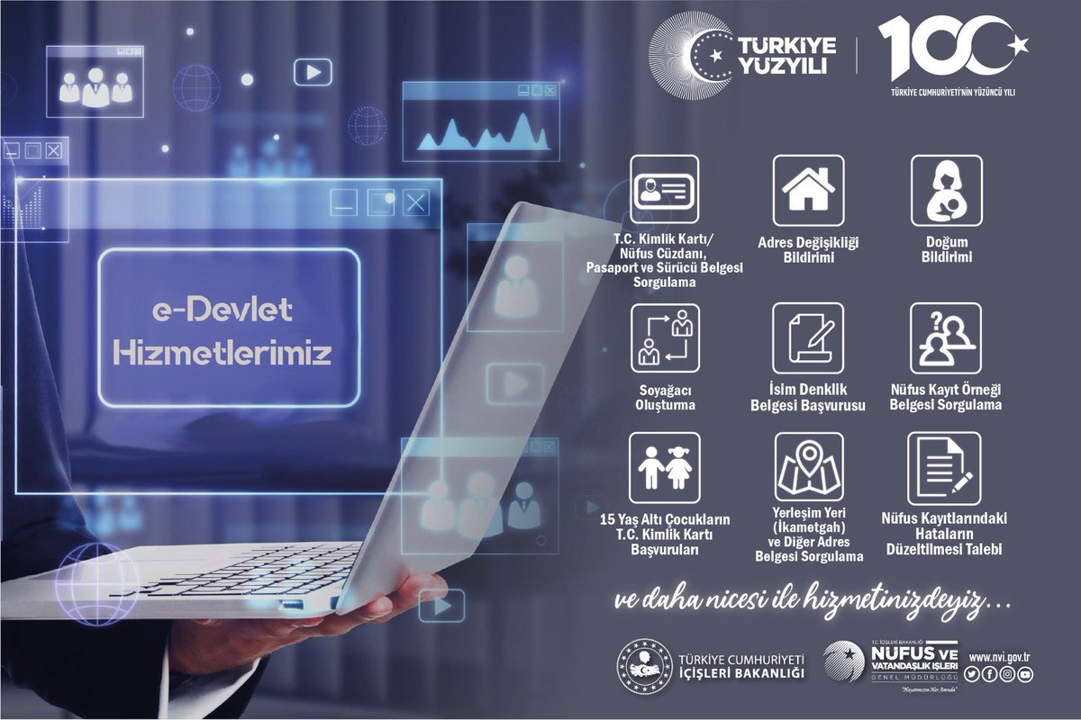 #TürkiyeYüzyılı’nda sunduğumuz yeni hizmetlerimiz ile hayatınızı kolaylaştırmaya devam ediyoruz❗️

🖥️ Nüfus Müdürlüklerimize
gitmenize gerek kalmadan bir çok işleminizi elektronik ortamda hızlı ve güvenli olarak gerçekleştirebilirsiniz. 

e-Devlet Hizmetlerimiz👉
