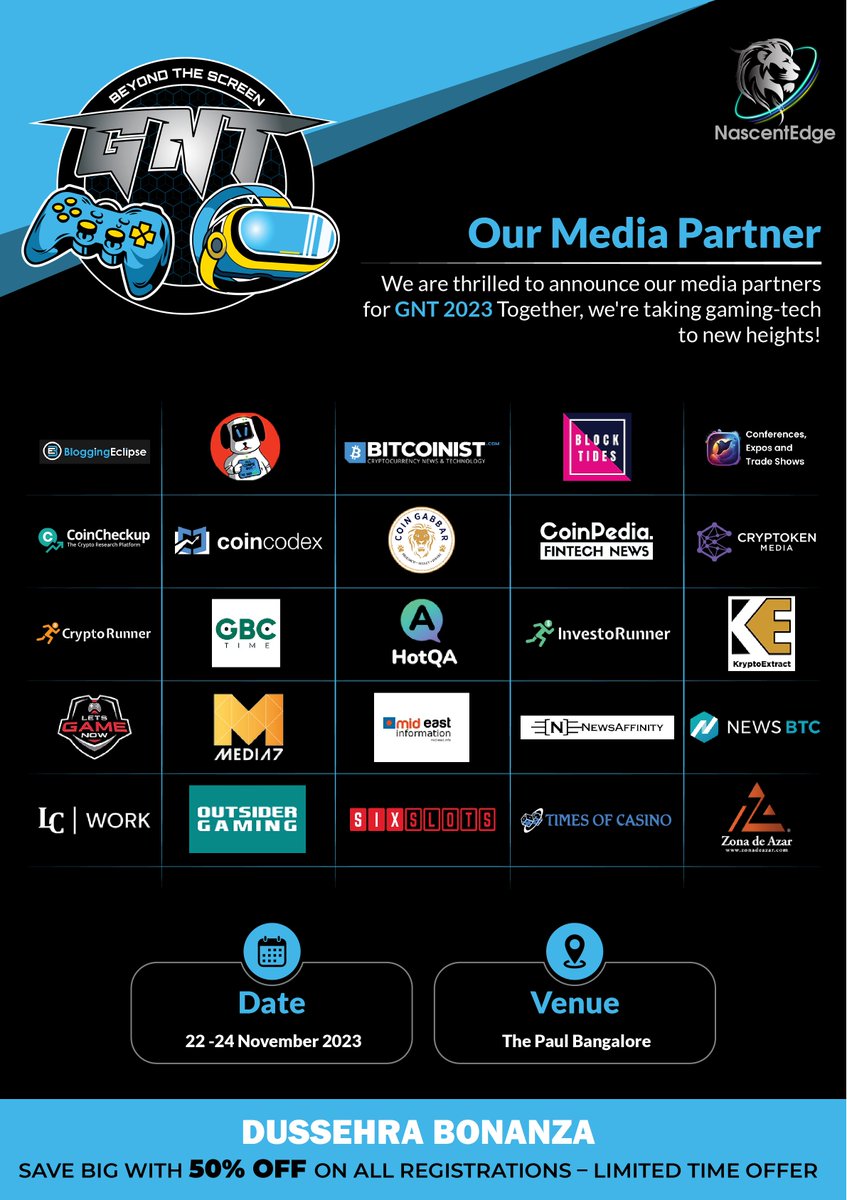 Lights, Camera, Collaboration!Thrilled to unveil our incredible media partners for the GNT 2023 Convention! Mark your calendars!Register at GNT 2023 to delve deeper into the world of Indian mobile gaming! lnkd.in/dGu3YDxz📅 Date: 22nd - 24th Nov 2023
📍 Venue: Bengaluru