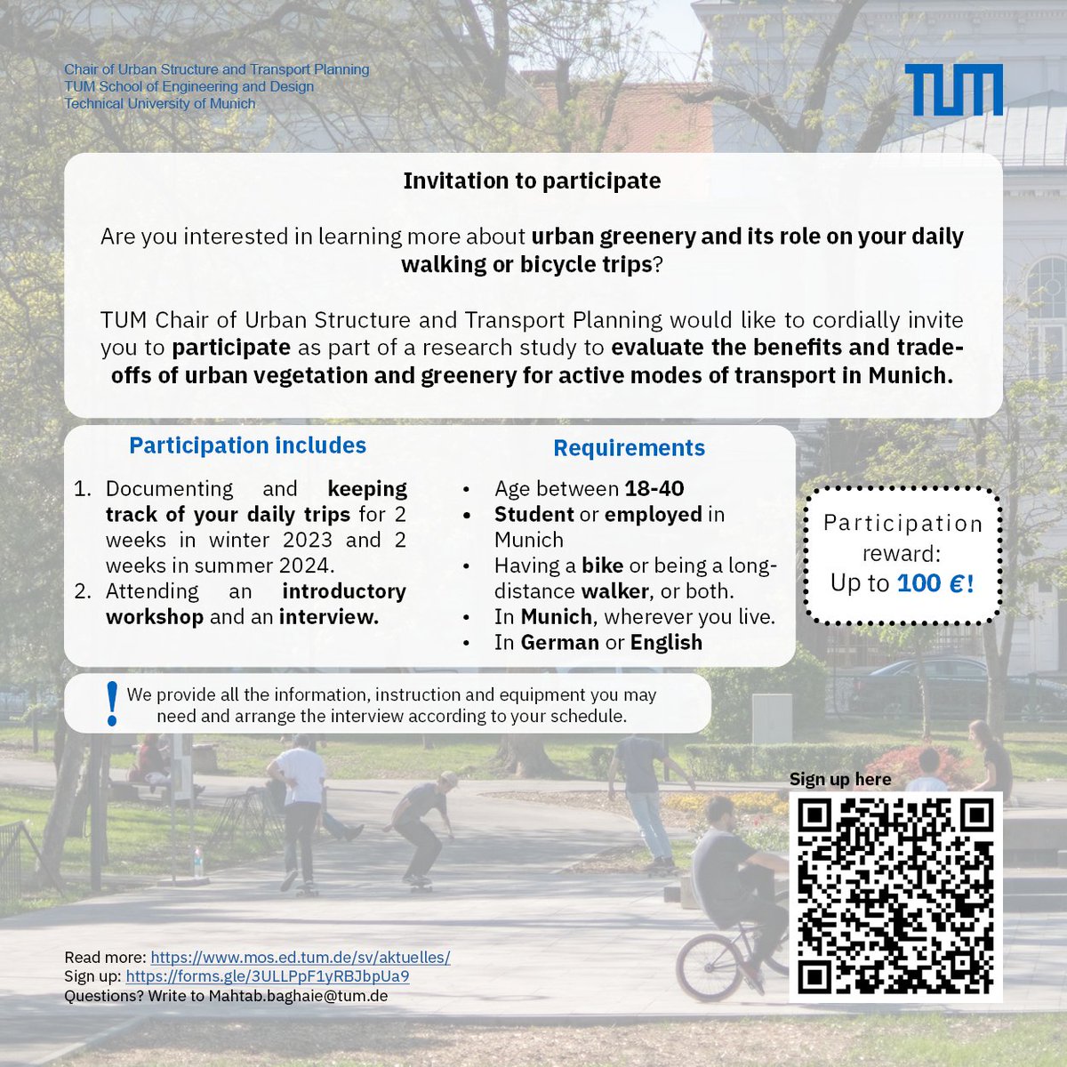 Are you interested in contributing to the environmental and social resilience of our city? Do you want to learn more about urban greenery🌳 and its role on active modes🧑‍🦽🚶🚴 of #Transportation ? Yes? This #Research survey might be for you! Find out more: mos.ed.tum.de/sv/aktuelles/