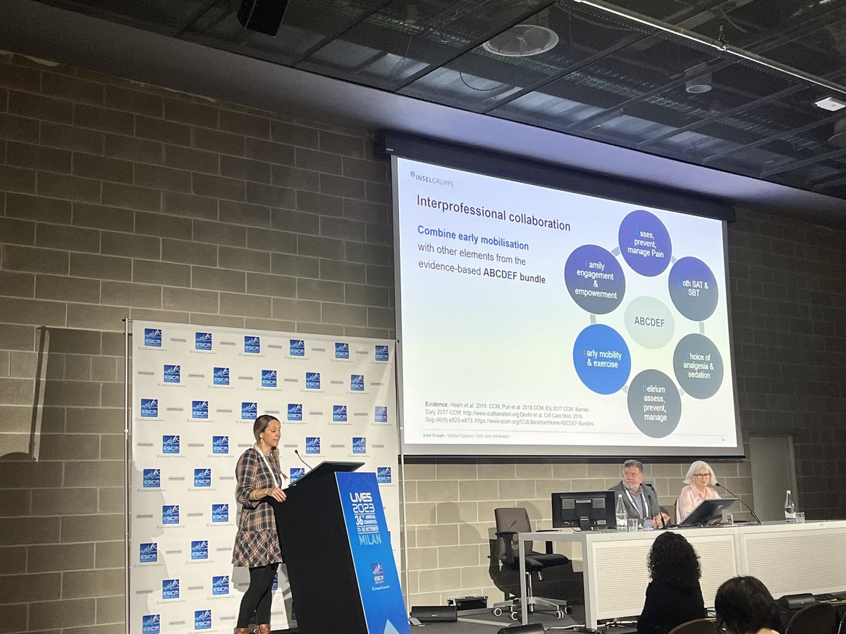 The incredible @SabrinaEggmann reminding us that: Time is MUSCLE 💪 Time is BRAIN 🧠 Early early mobilisation is possible in the right patient, using individual risk assessments 🙌 And don’t forget it must continue after the ICU too 👏 #LIVES2023 #ESICM