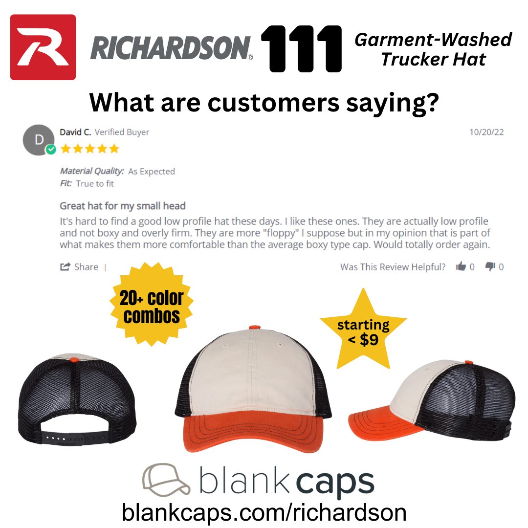 See why customers love the Richardson 111 Trucker Hat. Available in 20+ color combos these hats are garment-washed and low-profile, making them the ultimate 'dad hat' trucker hat.
.
Save on the Richardson 111 now:
ow.ly/MqiV50PU9xk
.
#RichardsonHats #DadHats #BlankCaps