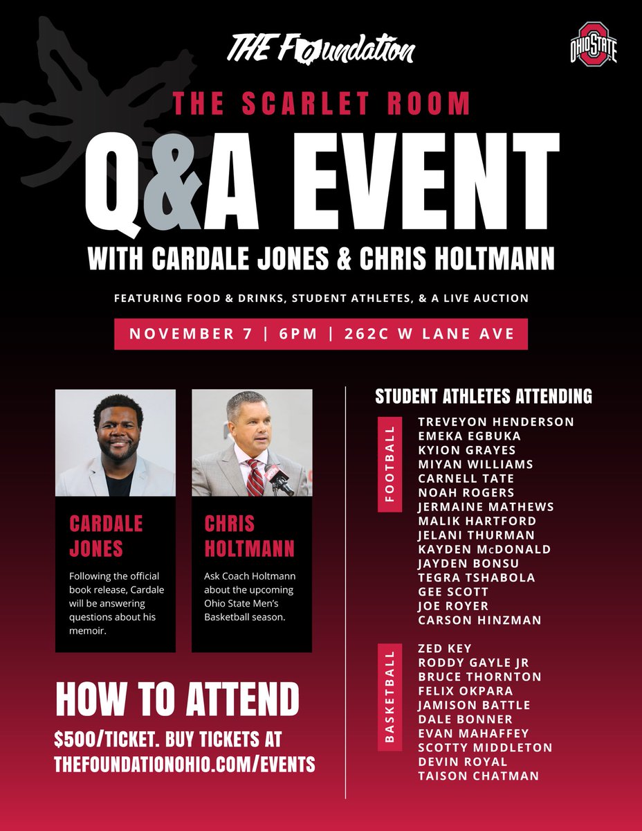 Check out our great lineup of <a href="/OhioStateFB/">Ohio State Football</a> and <a href="/OhioStateHoops/">Ohio State Hoops</a> student athletes at our event on November 7. All proceeds go to the student athletes as they give back to our community. Hurry up and buy tickets before we sell out: Thefoundationohio.com/events