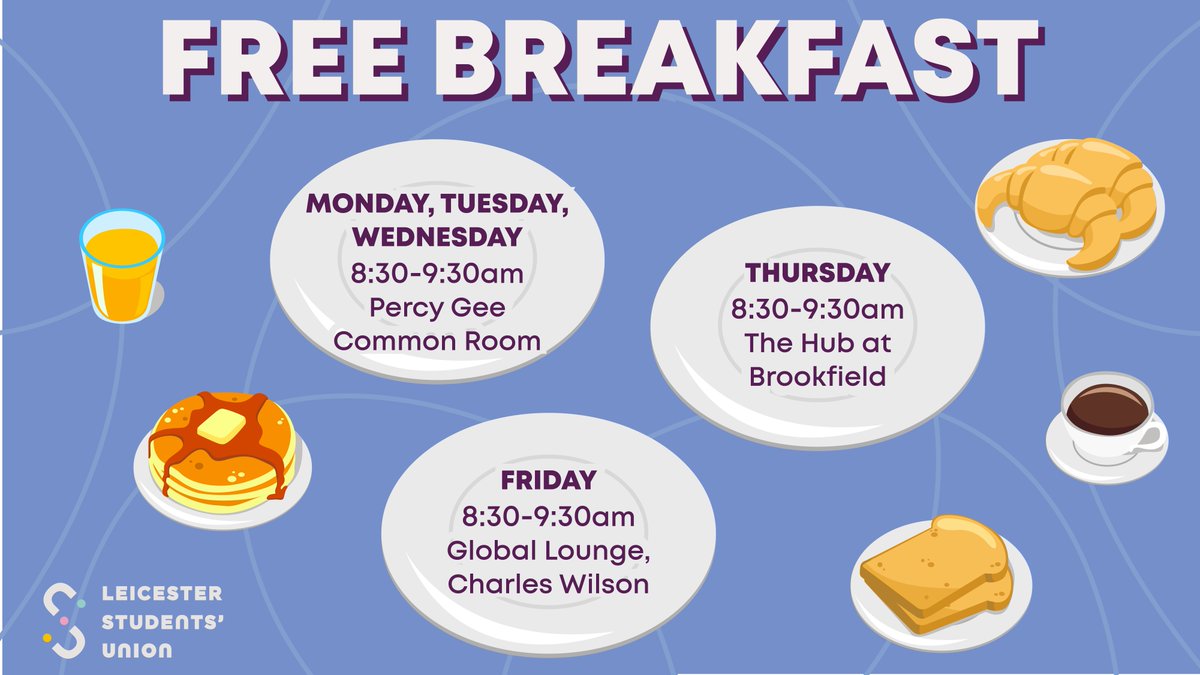 ‼️New times!‼️ Hey students! 👋 Grab some FREE breakfast to fuel up before your lectures! 🥣 Available 8:30-9:30am every weekday Monday, Tuesday and Wednesday: SU Common Room, Percy Gee Thursday: Business School Lounge, Brookfield Friday: Global Lounge, Charles Wilson