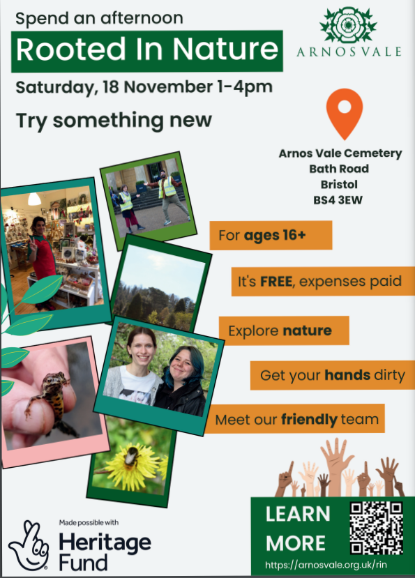 “Afternoon rooted in nature” 18th November. Open to younger group of individuals who may never have visited Arnos Vale, to take part in nature-based activities. Practical nature conservation activities volunteering opportunities for aged 16+.#Nature #conservation #ArnosVale