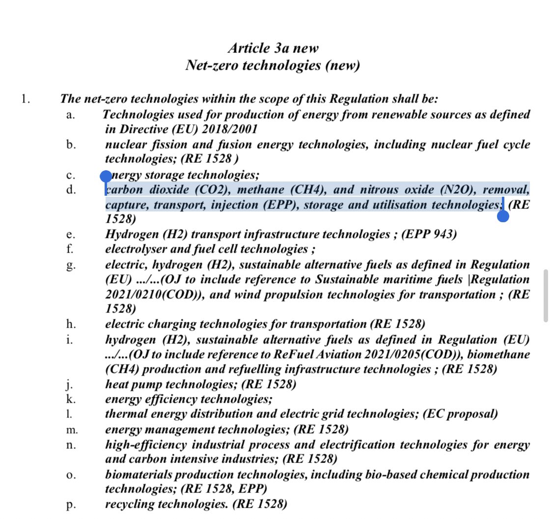 Looks like carbon removal will make it onto the list of 'net zero technologies' in the #NZIA. Here are the ITRE compromise amendments which, like the Presidency compromise, include it (vote on Wednesday): europarl.europa.eu/meetdocs/2014_…