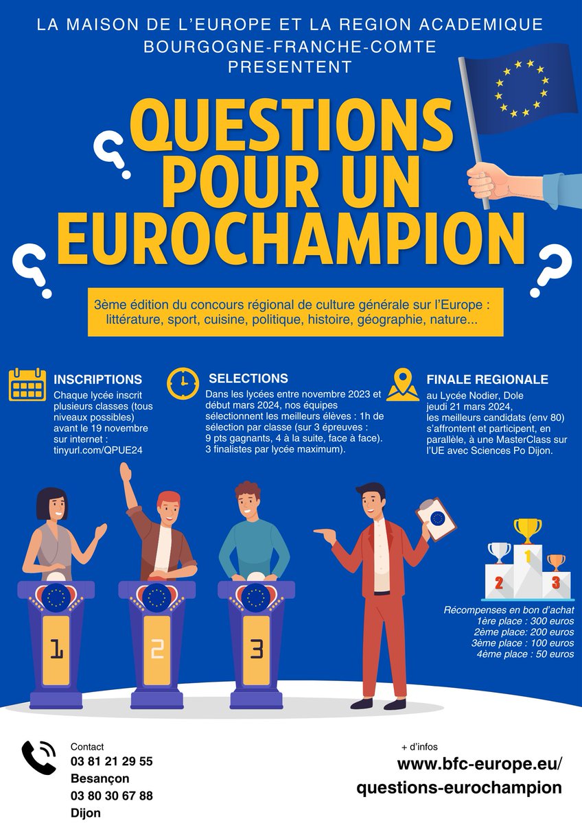 Maison de l'🇪🇺 en Bourgogne-Franche-Comté (@europebfc) on Twitter photo Questions pour un Eurochampion
édition 2024
Pour tous les lycées de la <a href="/RA_BFC/">Région académique Bourgogne-Franche-Comté</a>
<a href="/AcademieDijon/">Académie de Dijon</a> <a href="/acbesancon/">Académie de Besançon</a>
Inscriptions ouvertes sur tinyurl.com/QPUE24 Questions pour un Eurochampion
édition 2024
Pour tous les lycées de la <a href="/RA_BFC/">Région académique Bourgogne-Franche-Comté</a>
<a href="/AcademieDijon/">Académie de Dijon</a> <a href="/acbesancon/">Académie de Besançon</a>
Inscriptions ouvertes sur tinyurl.com/QPUE24